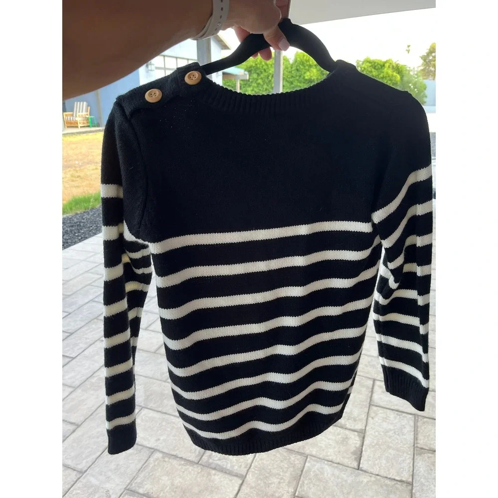 Black White Striped Nautical Preppy Knit Sweater Crew Neck M - Picture 4 of 7